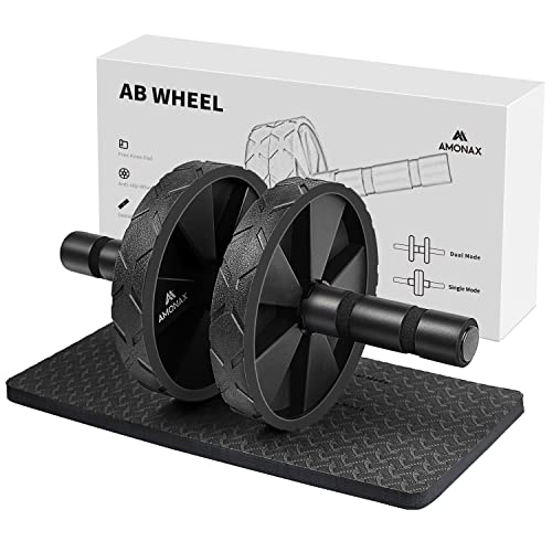 Amonax Convertible Ab Wheel Roller with Large Knee Mat for Core Abs Rollout Exercise. Double Wheel Set with Dual Fitness Strength Training Modes at Gym or Home