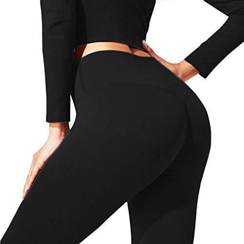 ZHENGHAO Buscando Womens Gym Sets 2 Piece Long Sleeve Workout Crop Top Tank Ribbed High Waist Seamless Leggings Tracksuits Activewear Yoga Outftis (L, Black)