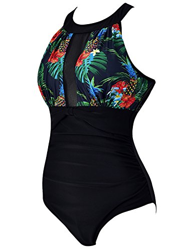 Sixyotie Swimming Costume for Women One Piece High Neck Mesh Ruched Swimsuit Beach Swimwear (Chenhua, (UK Size 12) L)