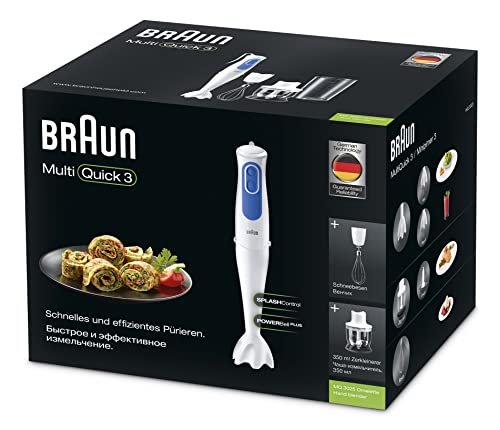 Braun MultiQuick 3 MQ3025 Hand Blender, Omelette Mixer, 2 Speeds, Splash Control, Dishwasher Safe parts, 350ml Chopper, Whisk and BPA-Free Plastic Beaker - White