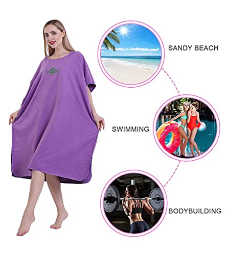 Changing Robe Hooded Poncho Towel Quick Dry Lightweight Changing Towel Extra Long in Microfibre Surf Poncho Universal Size for Men Women Adults, Suitable for Swimming Surfing and Beach (Purple)