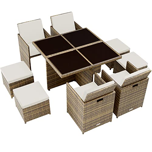 TecTake 800857 Rattan Aluminium Garden Dining Cube Set 4+4 Seats + 1 Table incl. Protection Slipcover + 2 Sets for Exchanging Upholstery, Stainless Steel Screws (Natural)