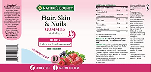 Nature's Bounty Hair, Skin and Nails Gummies with Collagen and Biotin - Zinc - Copper - 60 Count (Pack of 1)