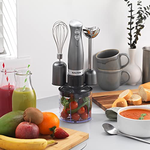 Salter EK2827GUNMETAL Cosmos 3 in 1 Hand Blender & Mixer Set, Electric Whisk & Mini Chopper Attachments, 350 W, Stainless Steel Blades, 500 ml Chopping Bowl - Blend Smoothies, Baby Food, Soups