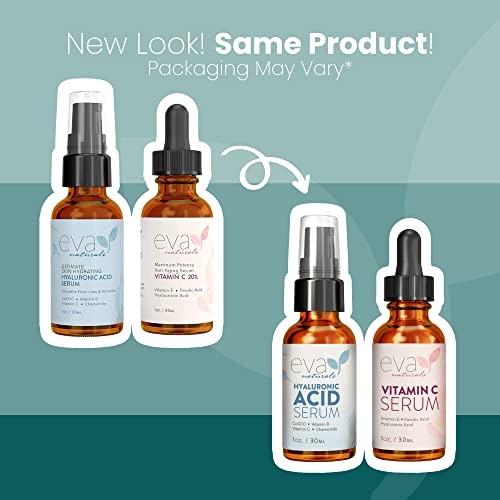 Eva Naturals Hydrate and Brighten Skincare Bundle - Includes Hyaluronic Acid Serum and 20% Vitamin C Serum - Restores Lost Moisture, Plumps Skin while Toning and Brightens and Smooths the Complexion