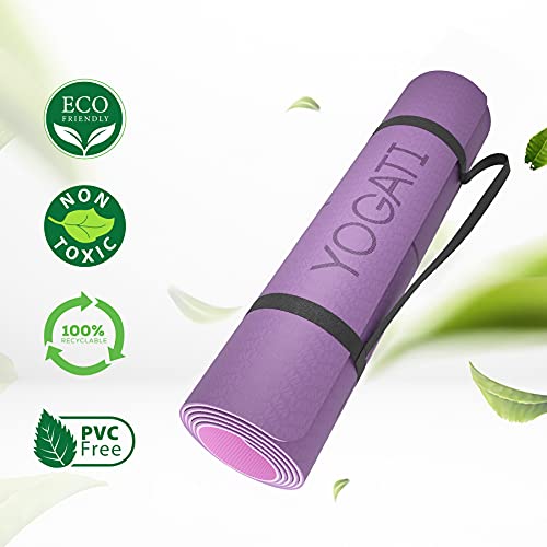 YOGATI Yoga Mat with Alignment Lines. Yoga Mats with carry strap perfect for Pilates and Fitness Workout, Eco Friendly Non Slip Thick Yoga Mats for women and men - Yoga Matt.