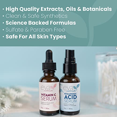 Eva Naturals Hydrate and Brighten Skincare Bundle - Includes Hyaluronic Acid Serum and 20% Vitamin C Serum - Restores Lost Moisture, Plumps Skin while Toning and Brightens and Smooths the Complexion