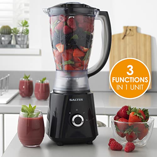 Salter EK4246 Deluxe 3 In 1 Jug Blender, Smoothie Maker & Mini Food Processor, 1.5L Blending Jug & 600ml Sports Bottle,Chop Blend & Slice,BPA Free,400W,Easy Healthy Food Prep & Fresh Juice Maker,Black