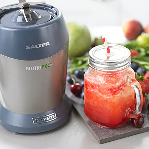 Salter EK2002V4SILVER NutriPro 1000 Blender Smoothie Maker Set, With Portable To Go Travel 800ml/1L Bottles and Lids, Healthy Juice Food Mixer Machine, Fruit/Vegetables/Soup/Milkshakes/Sauce, 1000W