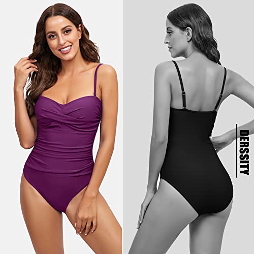 Derssity Women One Piece Swimsuit Ruched Tummy Control Swimming Costume Twist Push Up Swimwear Bandeau Bathing Suit(P,L)