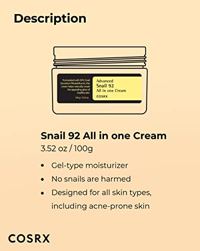 COSRX Advanced Snail 92 All in one Cream, 3.53 oz/100g | Moisturizing Snail Secretion Filtrate 92% | Facial Moisturiser, Long Lasting, Deep & Intense Hydration, Korean Skin Care