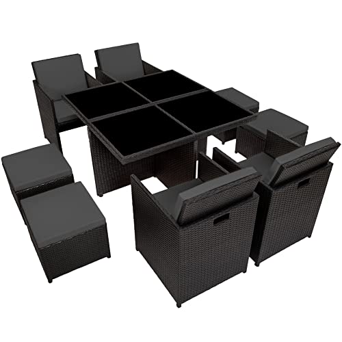 TecTake 800857 Rattan Aluminium Garden Dining Cube Set 4+4 Seats + 1 Table incl. Protection Slipcover + 2 Sets for Exchanging Upholstery, Stainless Steel Screws (Black)