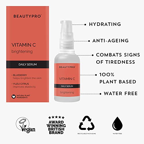 BEAUTYPRO VITAMIN C Brightening Daily Serum For Face 10% Face Serum 30ml | 100% Plant Based Skincare Serum | Firming, Hydrating, & Energising | Blueberry, Yuzu Citrus, & Sea Buckthorn |