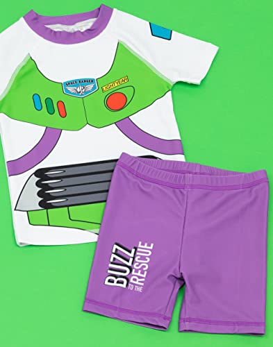 Disney Pixar Toy Story Buzz Lightyear Swimsuit for Boys | Purple Green Rescue Two-Piece Top Shorts Bathing Suit Swim Set | Kids Space Ranger Swimwear