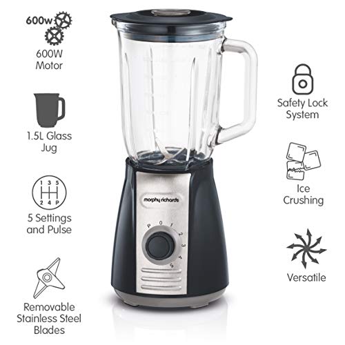 Morphy Richards 403010 Jug Blender with Ice Crusher Blades Inspire Kitchen Confidence, Glass, 600 W, 1.5 liters, Grey