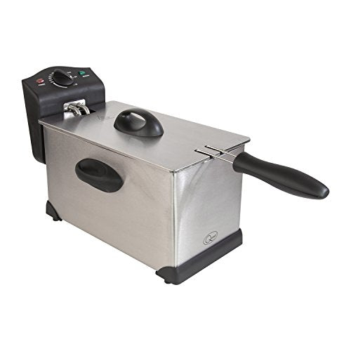 Quest 35140 3 Litre Stainless Steel Deep Fat Fryer / 130-190°C Adjustable Temperature / Lid Cover / Easy Clean Removable Oil Container / 2000W / Ideal For Fried Chicken, Chips & More