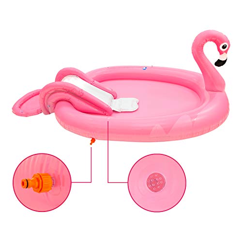 Sun Club Inflatable Flamingo Design Play Paddling Pool with Water Spray, Slide and Balls, Pink