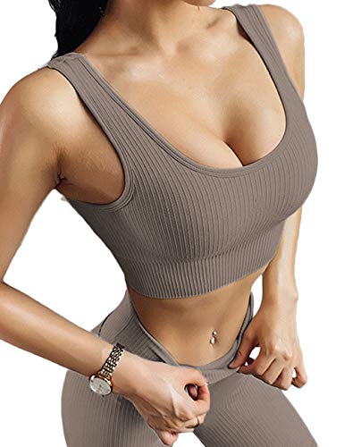 Buscando Ribbed Gym Sets for Women 2 Piece High Waist Seamless Yoga Leggings+Sports Bras Womens Workout Tracksuits Activewear Sets(Brown, Medium)