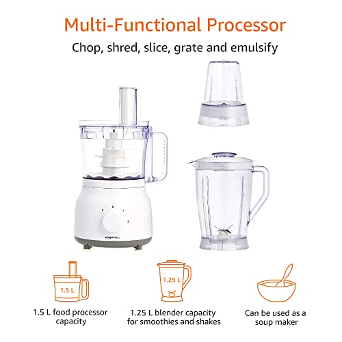 Amazon Basics Multi-Function Food Processor & Juice / Smoothie Blender, 600W with 2.4L Mixing Bowl & 1.25L Blender Jug, White