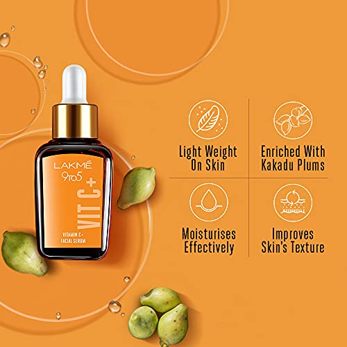 Lakme 9to5 Vitamin C+ Face Serum, For Nourished & Bright Skin with Antioxidant Rich Vitamin C & Kakadu Plum Extract, Non Greasy, 30 ml, LFWY100