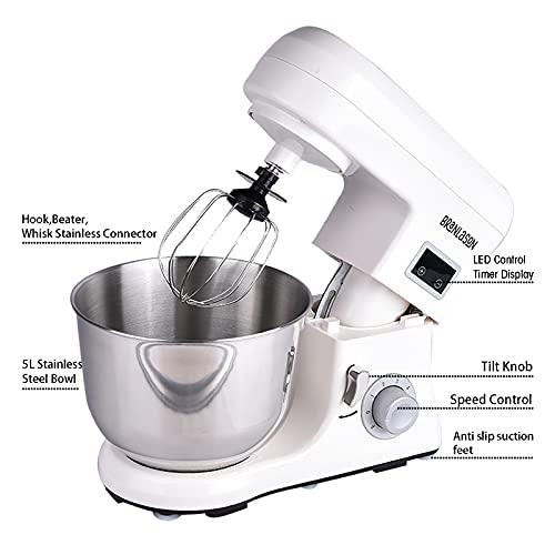 Branlason Stand Mixer 1300w Dough Machine Multifunction kitchen Food Mixer 5L Electric Cake Mixer with Bowl, Beater, Hook, Whisk Food Blender with Pulse Function and Turbo Speed Control (White 2)