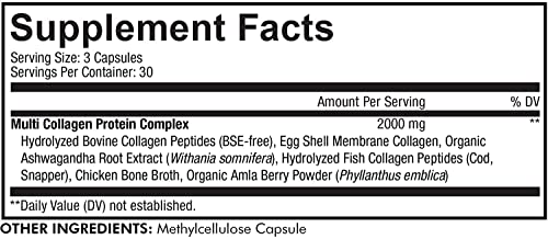 Codeage Multi Collagen Protein Capsules, Type I, II, III, V, X, Grass Fed & Hydrolyzed Collagen Pills Supplement, All in One Collagen, Bone Broth, Amla Berry Source of Vitamin C, Non-GMO, 90 Count