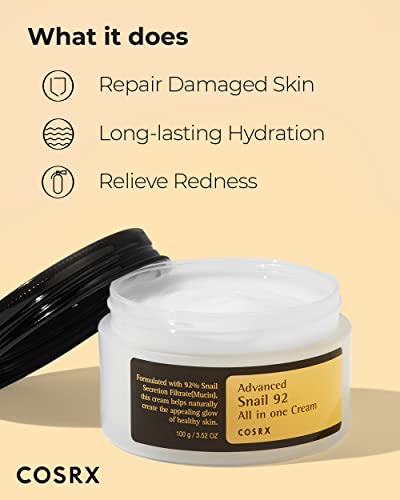 COSRX Advanced Snail 92 All in one Cream, 3.53 oz/100g | Moisturizing Snail Secretion Filtrate 92% | Facial Moisturiser, Long Lasting, Deep & Intense Hydration, Korean Skin Care