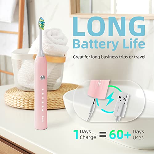 7AM2M Sonic Electric Toothbrush for Adults and Kids, One Charge for 90 Days, with 6 Brush Heads, 5 Modes with 2 Minutes Build in Smart Timer, Roman Column Handle Design (Pink)