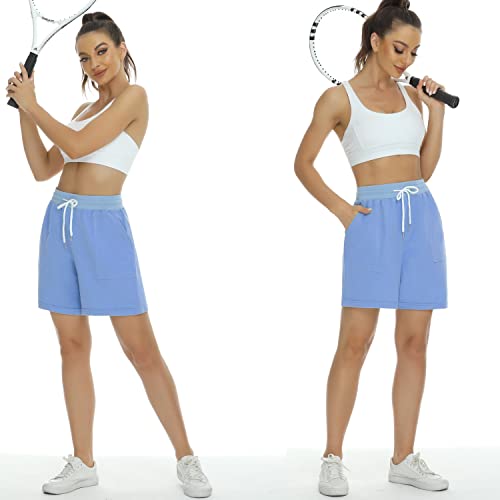 Enjyam Women's 100% Cotton Classic Bermuda Shorts Sport Shorts Moisture Wicking Activewear with Pockets Hiking Shorts Pyjama Bottoms,Light Blue-S