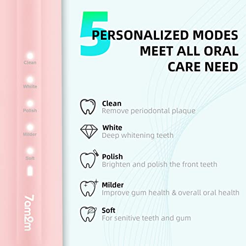 7AM2M Sonic Electric Toothbrush for Adults and Kids, One Charge for 90 Days, with 6 Brush Heads, 5 Modes with 2 Minutes Build in Smart Timer, Roman Column Handle Design (Pink)