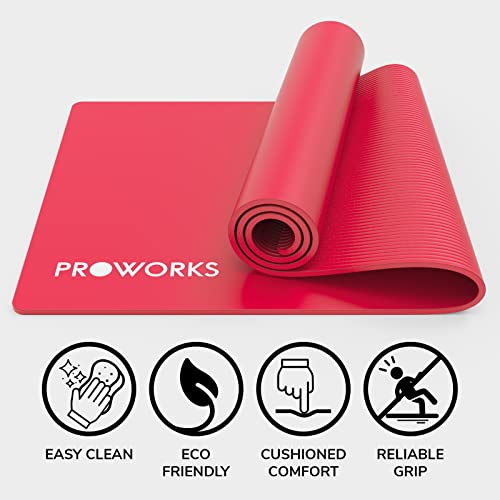 Proworks Yoga Mat, Eco Friendly NBR, Non-Slip Exercise Mat with Carry Strap for Yoga, Pilates, and Gymnastics - 183cm x 60cm x 1cm - Red