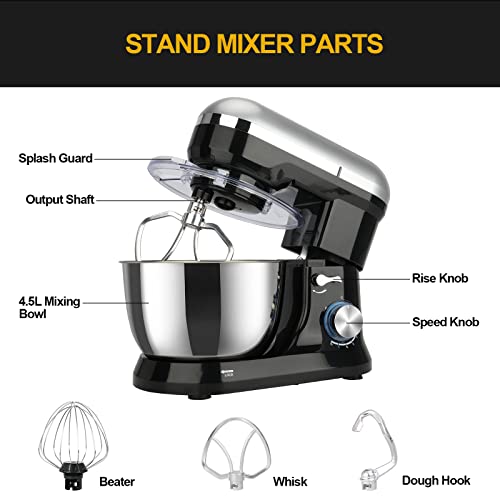 Stand Mixer, 8 Speed Dough Mixer, Low Noise Multifunction Food Processor, 4.5L Stainless Steel Bowl, Beater, Dough Hook, Whisk and Splash Guard