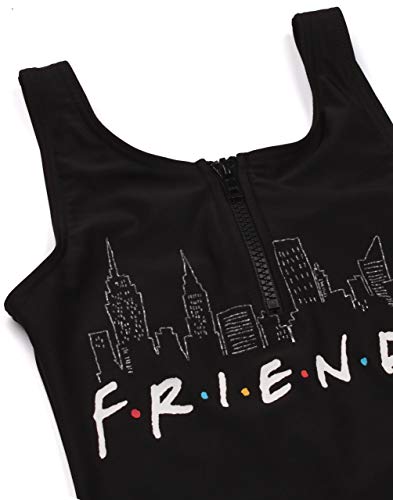 Friends Swimsuit for Girls | Kids F.R.I.E.N.D.S Black Swimming Costume | Cityscape Logo Children's Swimwear Suit with Zip | All in One Swimwear TV Show Gift