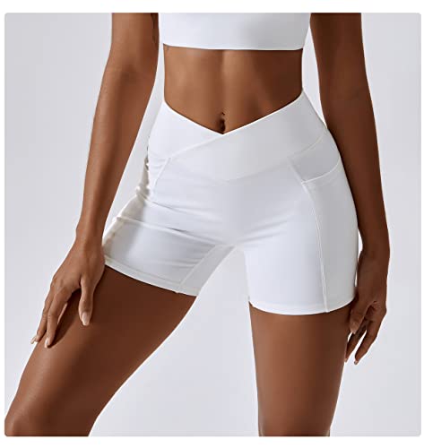 IDOPIP Gym Sets for Women 2 Piece Buttery Soft Cross Back Sport Bra Crosswrap High Waist Shorts with Pocket Yoga Workout Outftis Exercise Activewear Set White S