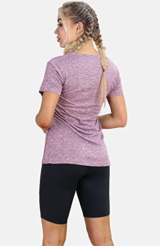 icyzone Women's Workout Running T-Shirt Yoga Fitness V-Neck Short-Sleeve Tops Sports Shirt, 3 Pack (XL, Charcoal/Lavender/Peach)