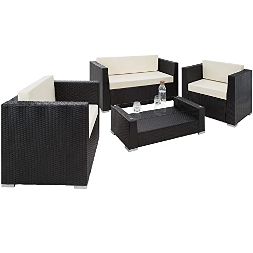 TecTake 800904 Rattan aluminium garden furniture sofa set with glass table, upholstery + 4 extra pillows with stainless steel screws | Perfect for Patio, garden, terrace or balcony (Black)