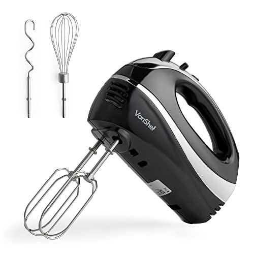 VonShef Hand Mixer Electric Whisk – Food Mixer for Baking with 5 Speeds, 300W, 2 Stainless Steel Beaters, 2 Dough Hooks & Balloon Whisk, Easy Clean, Turbo Boost, Eject Button, Compact – Black