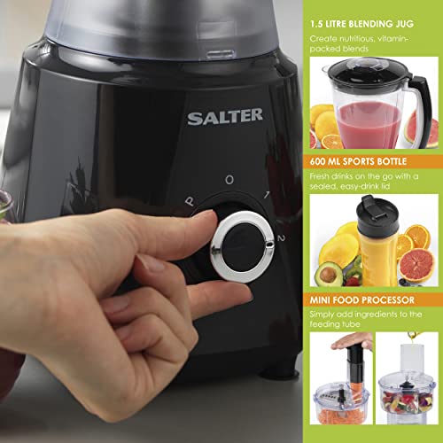 Salter EK4246 Deluxe 3 In 1 Jug Blender, Smoothie Maker & Mini Food Processor, 1.5L Blending Jug & 600ml Sports Bottle,Chop Blend & Slice,BPA Free,400W,Easy Healthy Food Prep & Fresh Juice Maker,Black