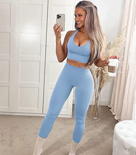 Jetjoy Workout Gym Set for Women 2 Piece Athletic Outfits Seamless Crop Tank Yoga Leggings Gym Activewear Tracksuits Sets