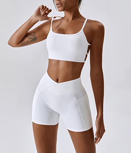 IDOPIP Gym Sets for Women 2 Piece Buttery Soft Cross Back Sport Bra Crosswrap High Waist Shorts with Pocket Yoga Workout Outftis Exercise Activewear Set White S