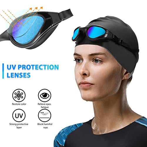 BeiHeng Swimming Goggle Set - Include Leak Free Anti Fog Swimming Goggle, High Elastic Large Silicone Swimming Cap, Soft Ear Plug and Nose Clip - 4 in 1 Swim Set for Teenagers and Adults