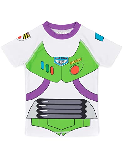 Disney Pixar Toy Story Buzz Lightyear Swimsuit for Boys | Purple Green Rescue Two-Piece Top Shorts Bathing Suit Swim Set | Kids Space Ranger Swimwear