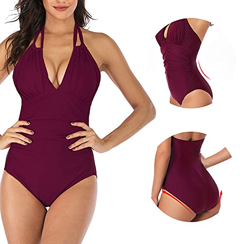 AIKSSOO Womens One Pieces Swimsuit Tummy Control Swimming Costume Ruched Hanging Neck Bandage Bathing Suit Claret