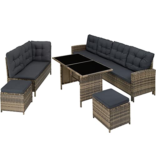 TecTake Rattan Garden Furniture Set - 8 Seater Garden Rattan Furniture Set Including an Outdoor Sofa, 2 Stools, Table, Cushions, Assembly Clamps and Instructions (Nature and Dark Grey)