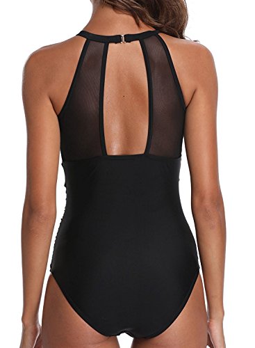 Sixyotie Swimming Costume for Women One Piece High Neck Mesh Ruched Swimsuit Beach Swimwear (Chenhua, (UK Size 12) L)