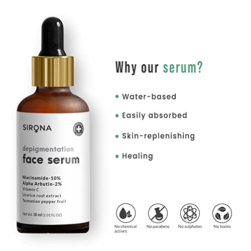 Sirona 10% Niacinamide Face Serum for Pigmentation & Dark Spots Removal - 30 ml | Remove Blemishes, Acne Marks & Tanning | with Vitamin C, Alpha Arbutin and Licorice Root Extract