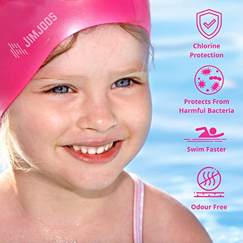 JIMJOOS Waterproof Kids Swimming Cap - 100% Silicone Durable and Odour Free Swim Hat - Stretchable, Anti slip Swim Cap - Swimming Hat for up to 8 Years With Protective Pouch (PINK)