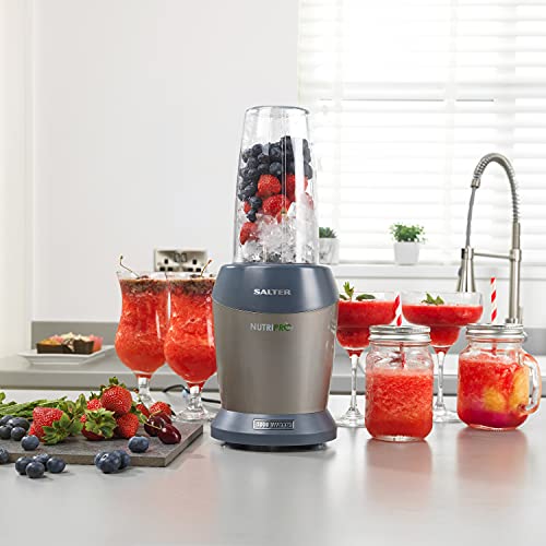 Salter EK2002V4SILVER NutriPro 1000 Blender Smoothie Maker Set, With Portable To Go Travel 800ml/1L Bottles and Lids, Healthy Juice Food Mixer Machine, Fruit/Vegetables/Soup/Milkshakes/Sauce, 1000W