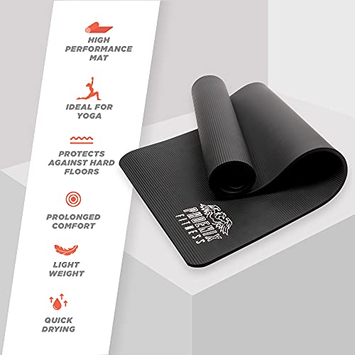 Phoenix Fitness RY1068 Exercise NBR Fitness Yoga Mat - Double Sided Anti Slip High Density Floor Mat, 185 x 61 cm - 15mm Thickness, Carry Strap, Black