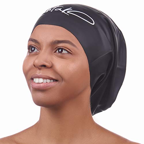 Swimming Cap for Long Hair - Extra Large Swimming Cap - Long Hair Swim Cap for Women Men Adults - Waterproof Silicone Swimming Hat - Dreadlocks - Bathing Cap (Black XL)